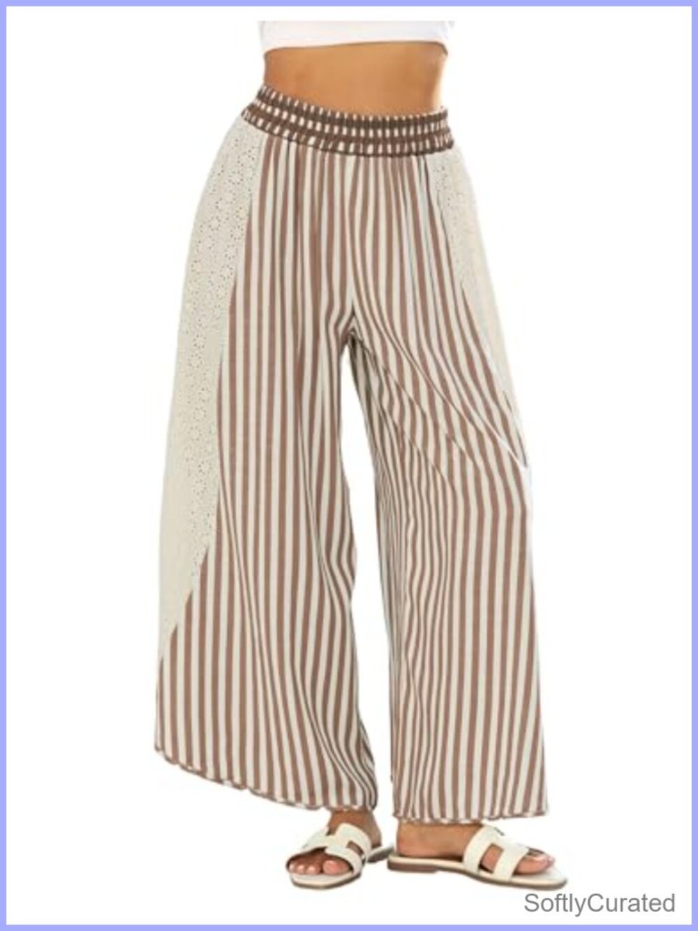 Womens Striped Wide Leg Palazzo Lounge Pants Elastic Waist Lace Trim